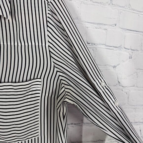 Express Portofino Slim Button Shirt Women Small Striped Roll Tab Sleeve Preppy - Picture 7 of 12